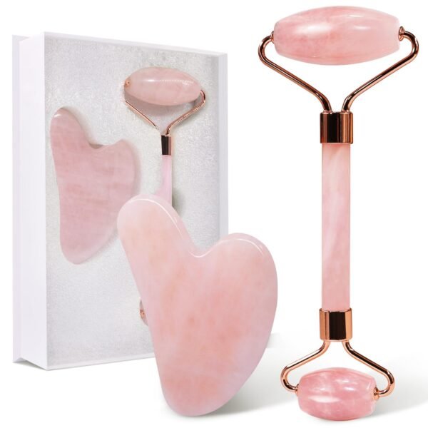 Kit rodillo + gua sha cuarzo rosa