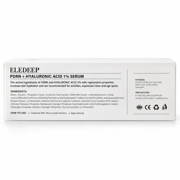 PDRN + Ácido Hialurónico 1% Eledeep – dorso caja PDRN + Ácido Hialurónico 1% – Caja de 5 viales de 5 ml.